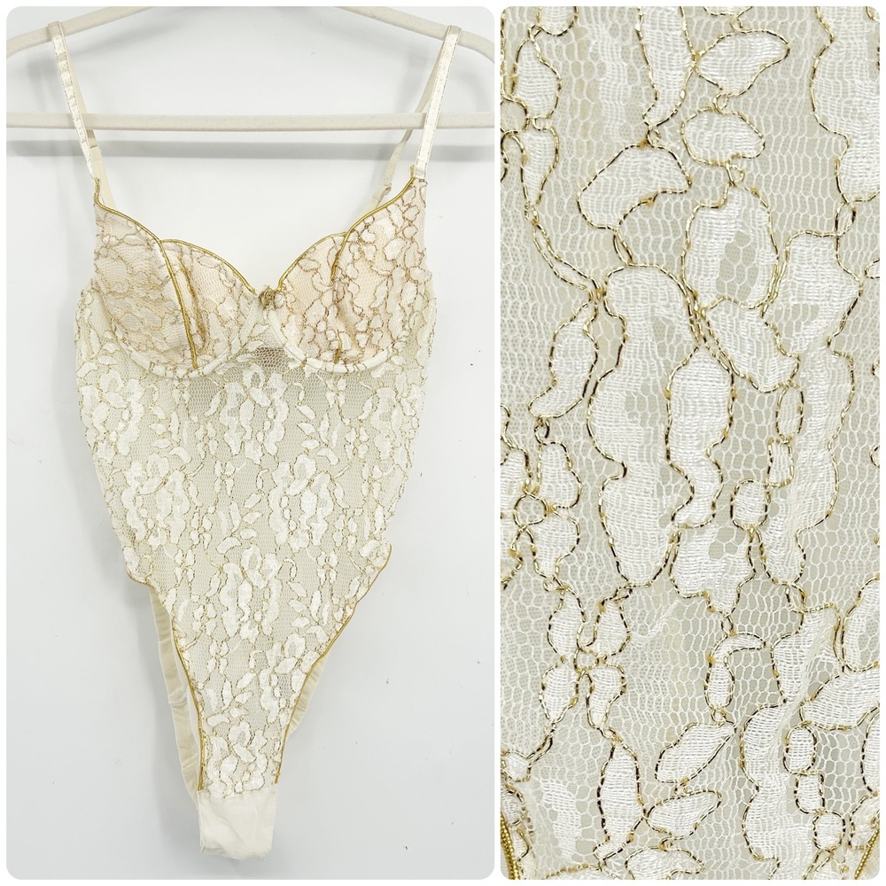 Victoria's Secret Gold Label Lace Metallic Vintage Bridal Teddy‎ Bodysuit Size M